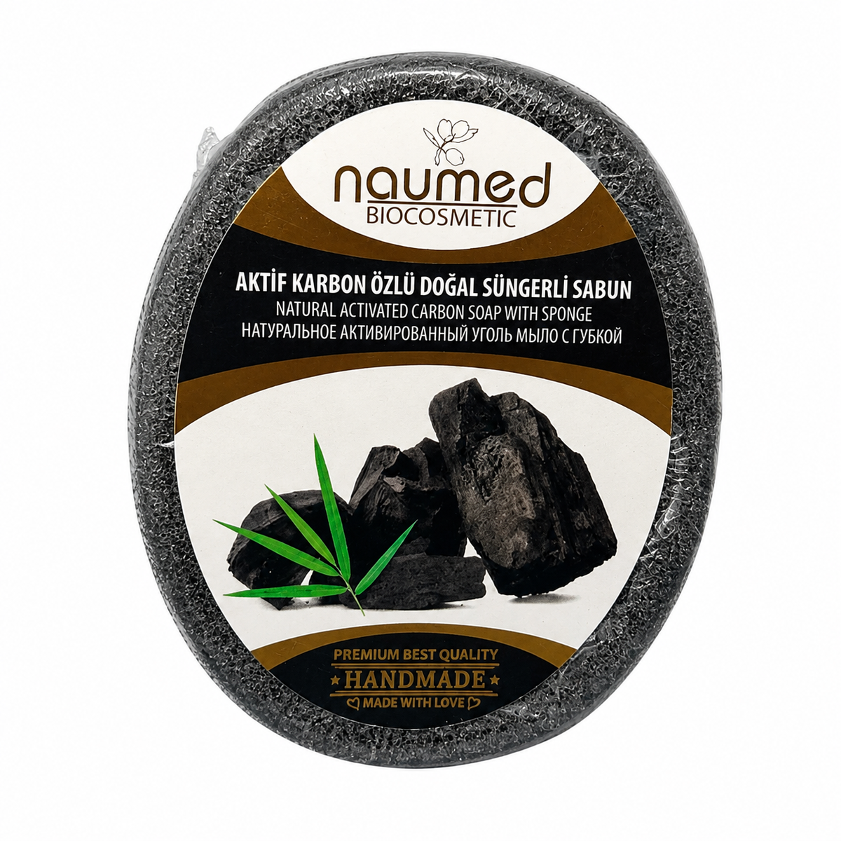 Săpun cu burete Naumed cu carbon activ, destinat curățării și exfolierii pielii
