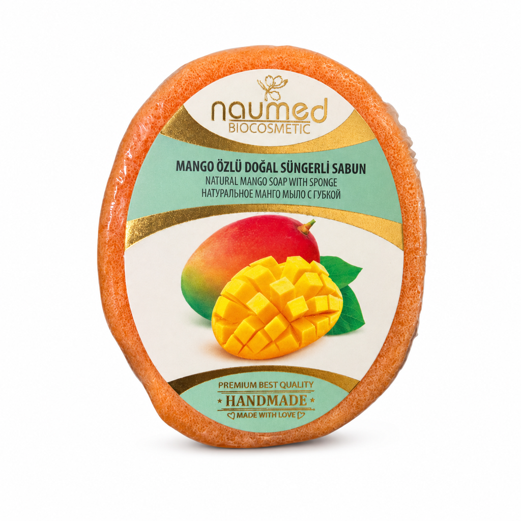Săpun cu burete Naumed cu mango, destinat curățării și exfolierii pielii