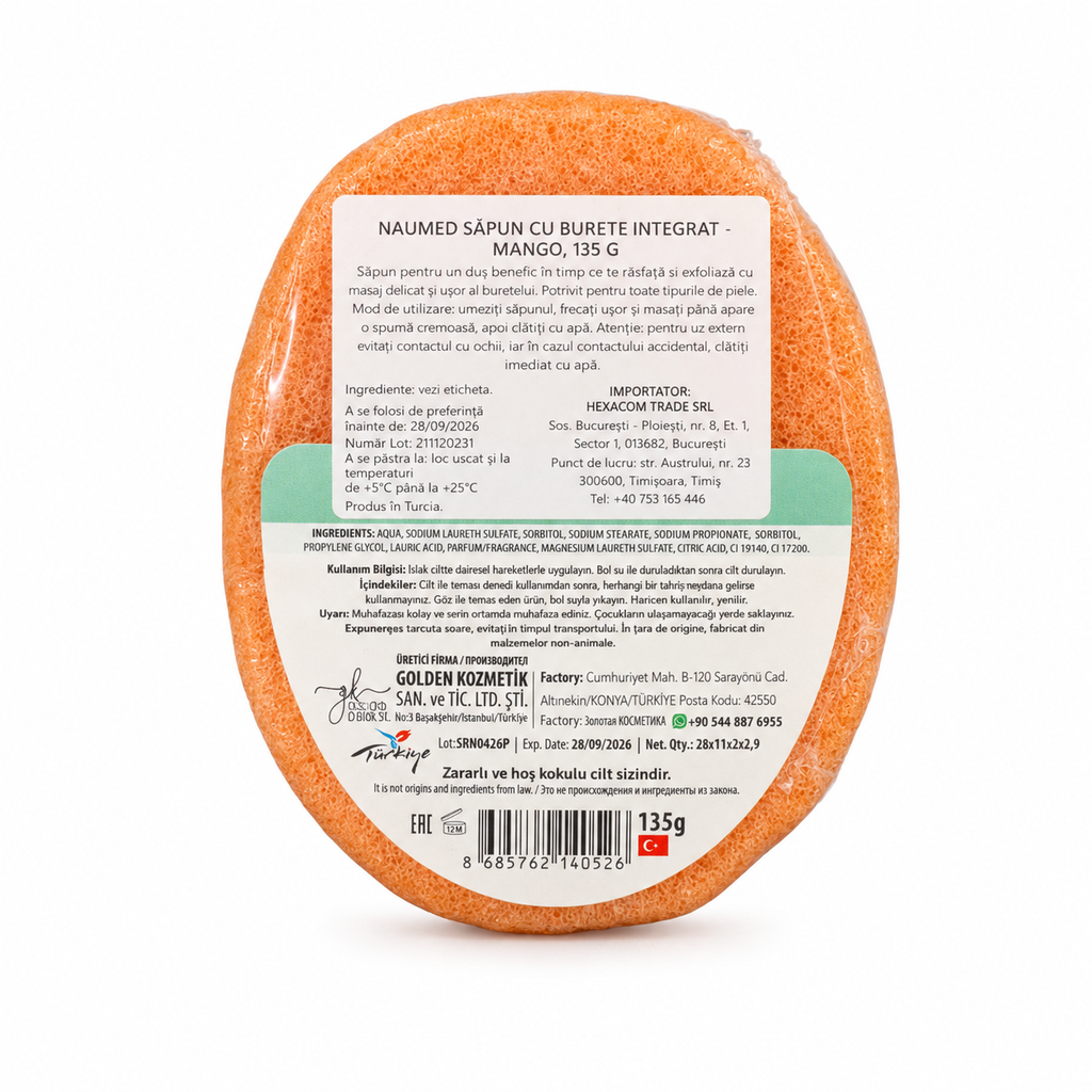 Săpun cu burete Naumed cu mango, destinat curățării și exfolierii pielii