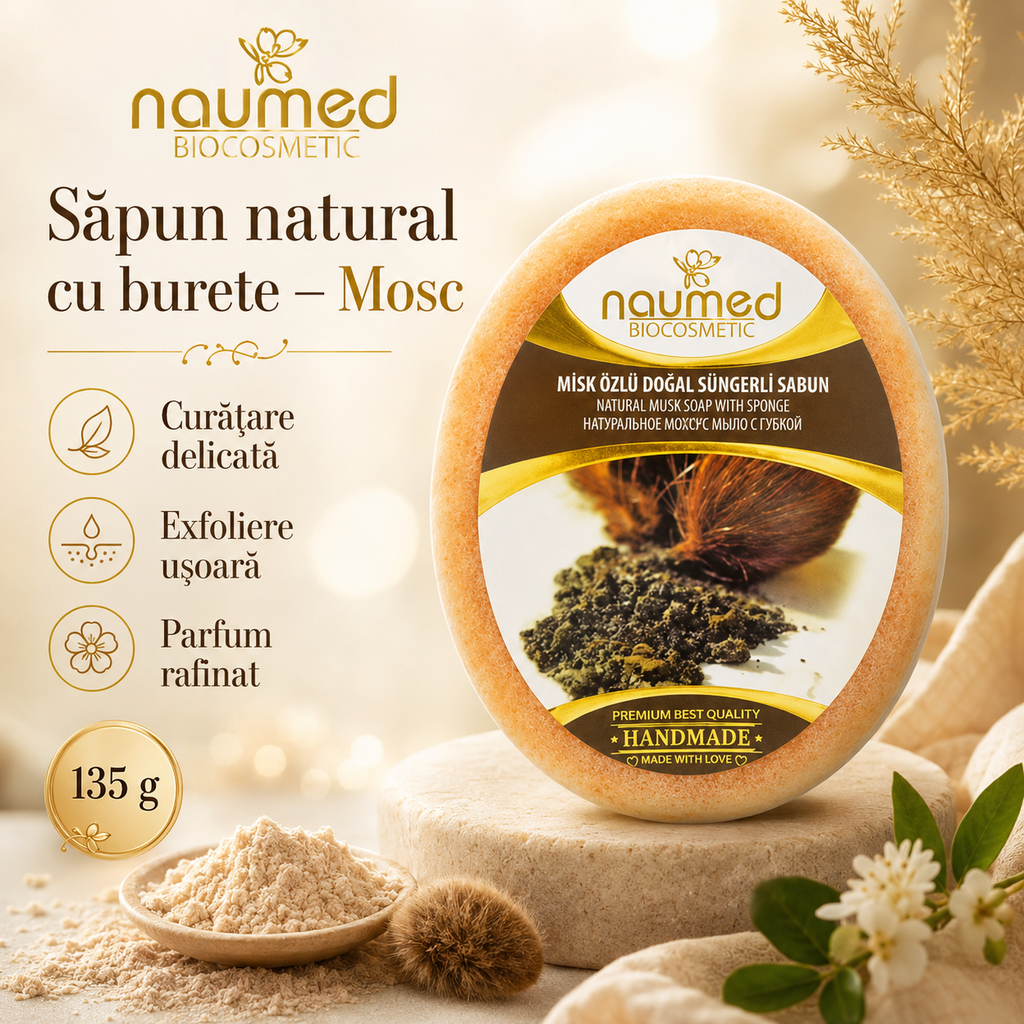 Săpun cu burete Naumed cu extract de mosc, destinat curățării și exfolierii pielii