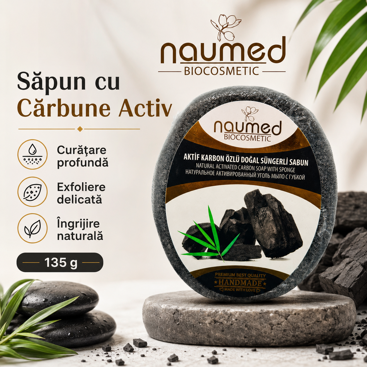 Săpun cu burete Naumed cu carbon activ, destinat curățării și exfolierii pielii