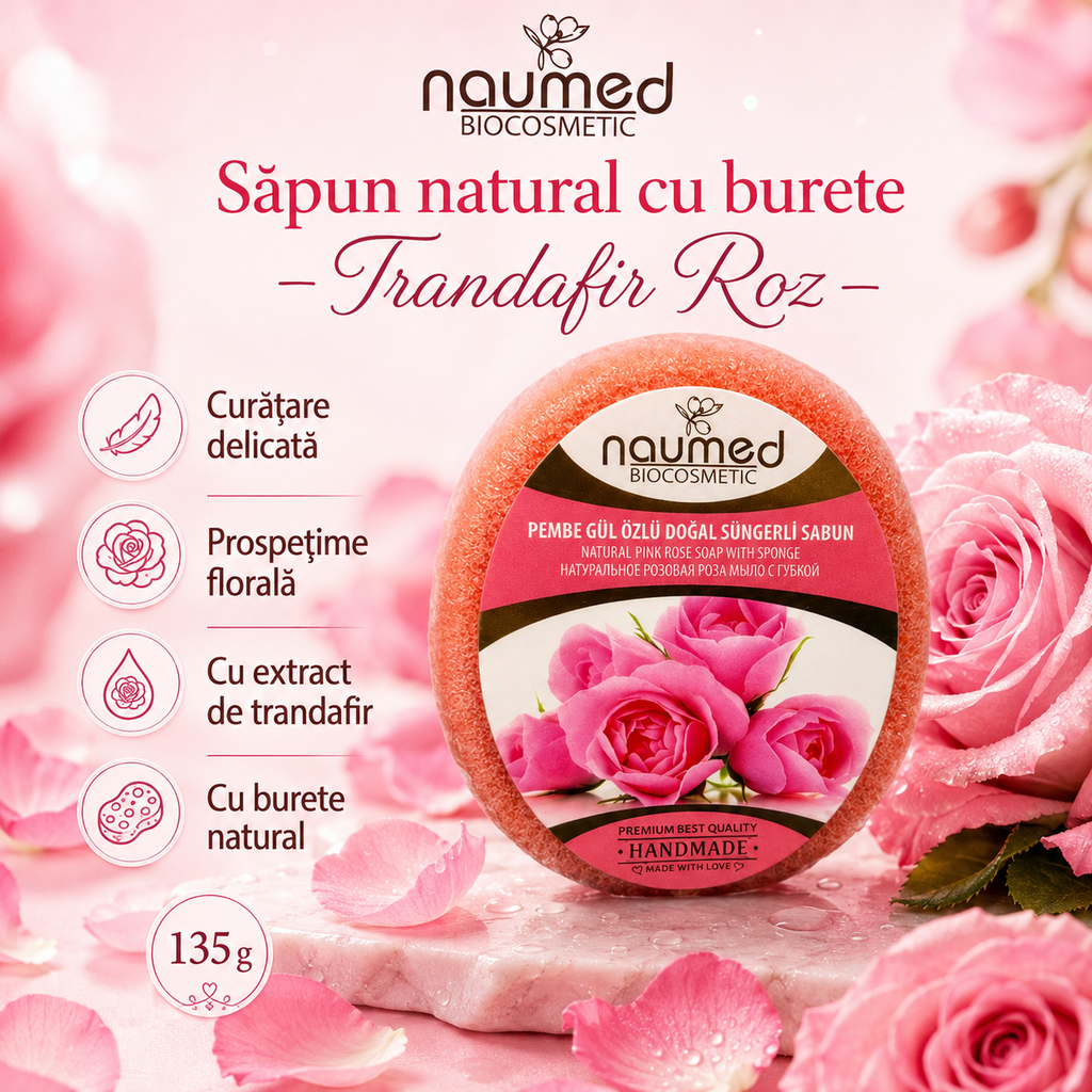 Săpun cu burete Naumed cu trandafir roz, destinat curățării și exfolierii pielii