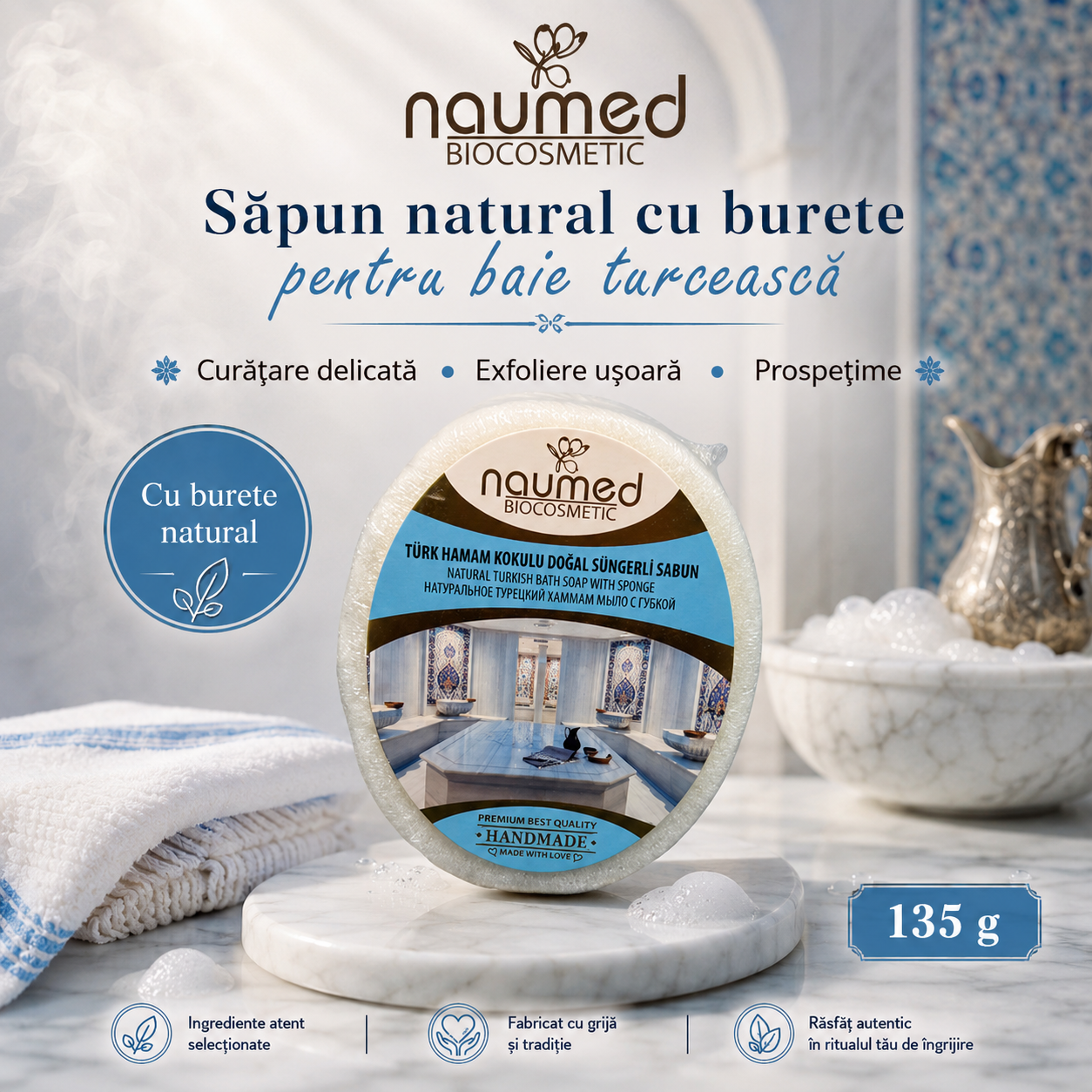 Săpun cu burete Naumed, în stil turcesc, destinat curățării și exfolierii pielii