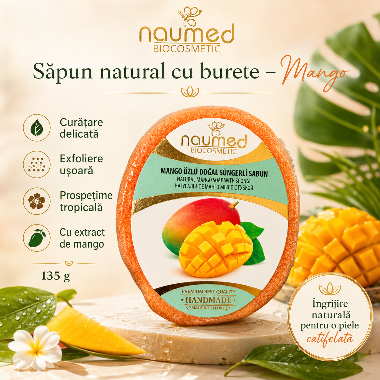 Săpun cu burete Naumed cu mango, destinat curățării și exfolierii pielii