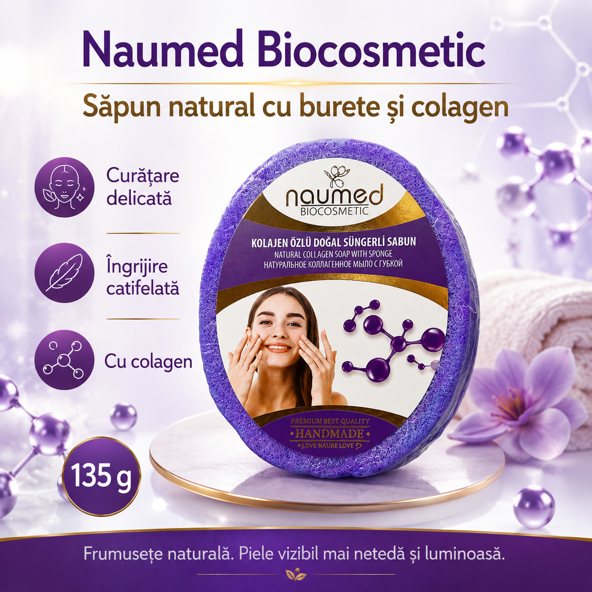 Săpun cu burete Naumed, cu colagen, destinat curățării și exfolierii pielii