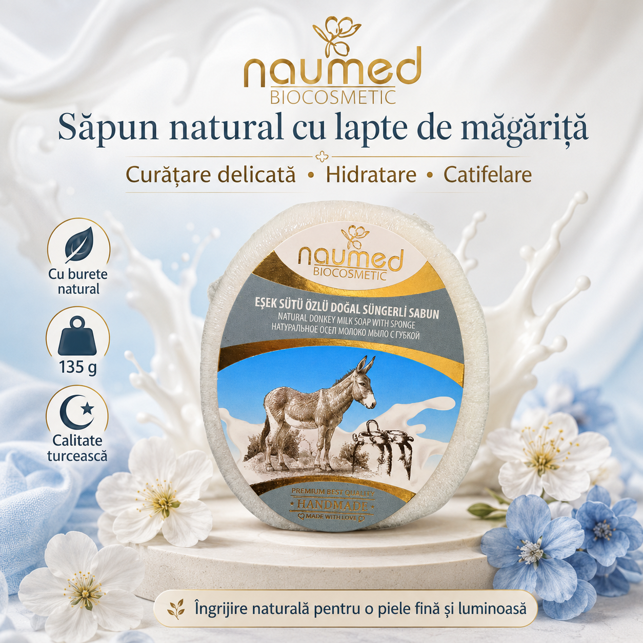 Săpun cu burete Naumed cu lapte de măgăriță, destinat curățării și exfolierii pielii