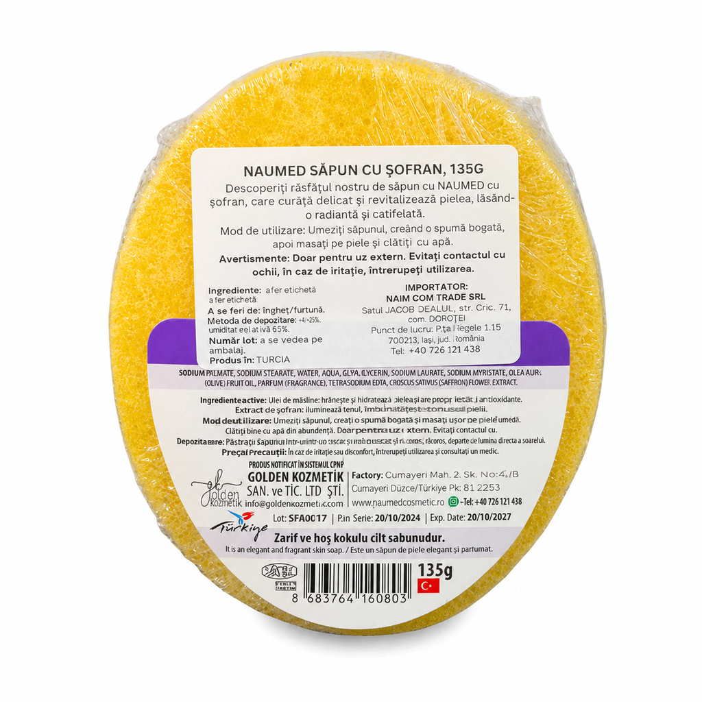 Săpun cu burete natural Naumed cu extract de șofran pentru exfoliere
