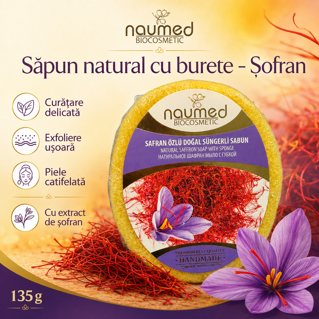 Săpun cu burete natural Naumed cu extract de șofran pentru exfoliere