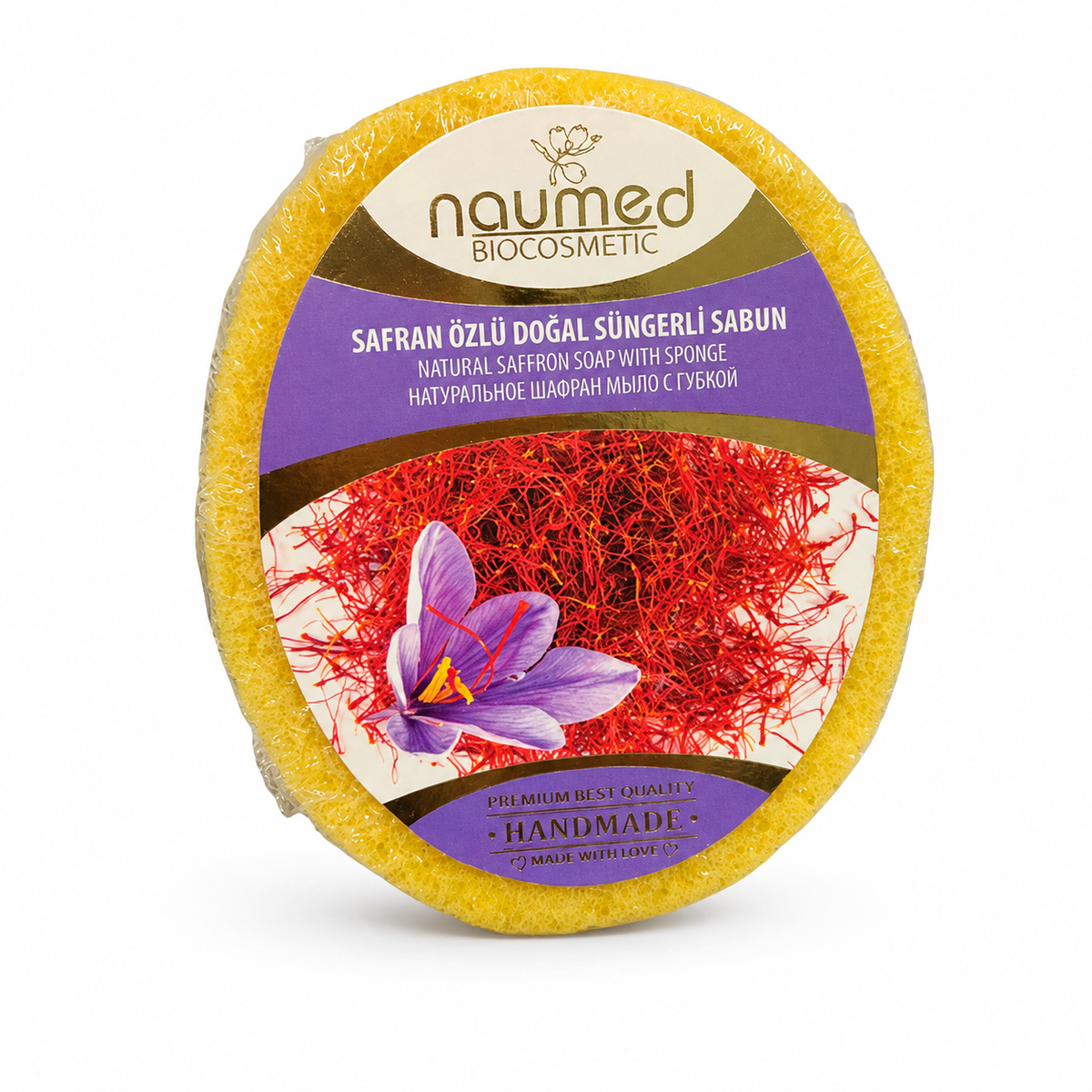 Săpun cu burete natural Naumed cu extract de șofran pentru exfoliere