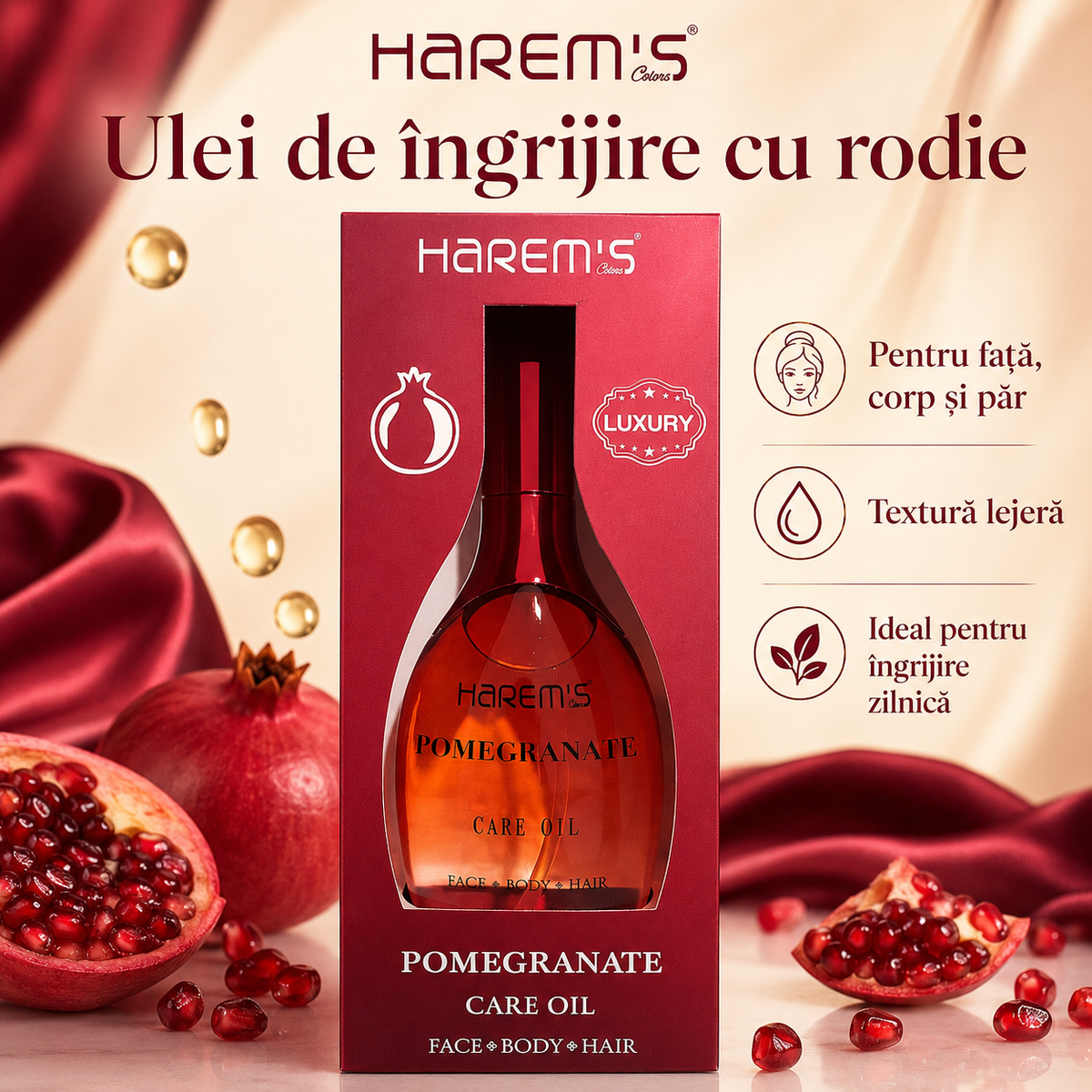 Ulei de îngrijire Harems cu rodie, 130 ml, ulei cosmetic din Turcia pentru piele și păr, bogat în antioxidanți